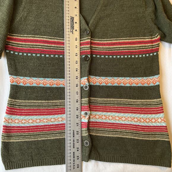 Isabella Rodriguez Women Sweater L Olive Short Sleeve Cardigan Striped Button - Picture 3 of 7